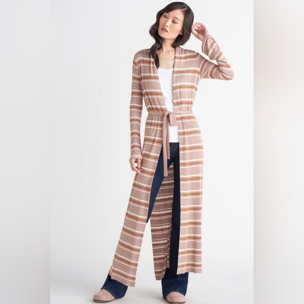 Striped Tan Long Belted Cardigan - Picture 1 of 11